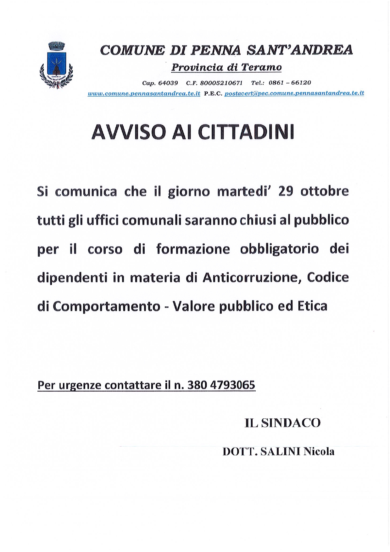 AVVISO CHIUSURA UFFICI COMUNALI